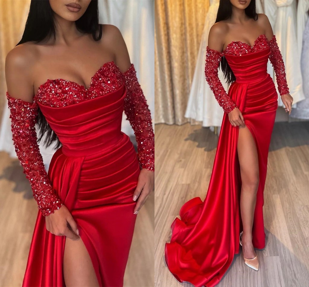 Shine Red Women Evening Party Dress Long Sleeve Off Shoulder Satin Ruched Sequin Slit Formal Prom Gowns Robe De Soiree Vestidos De Feast