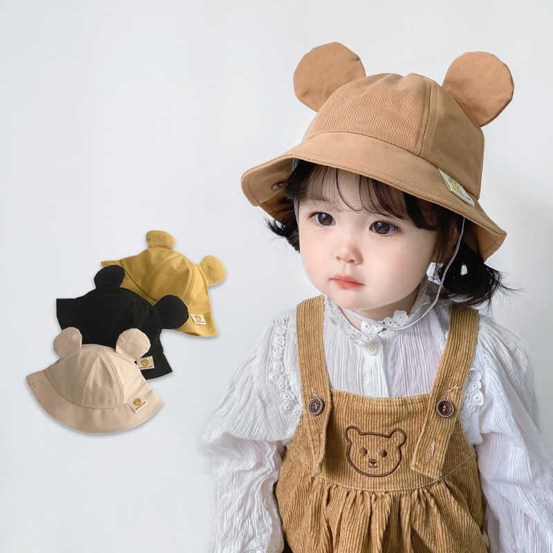 Caps Hats Solid color bucket Summer wide Brim fisherman Cute bear eared baby boy girl Sun potted hat G220522