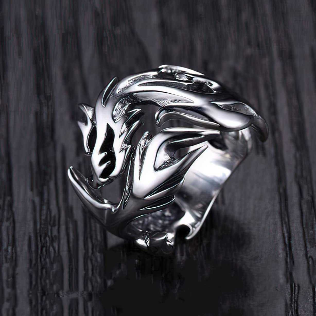 Viking Dragon Scales Ring Masculinity Unique Norse Stainless Steel Jewelry Antique Silver Hollow Powerful Amulet For Men Men's Rings Women Bijoux