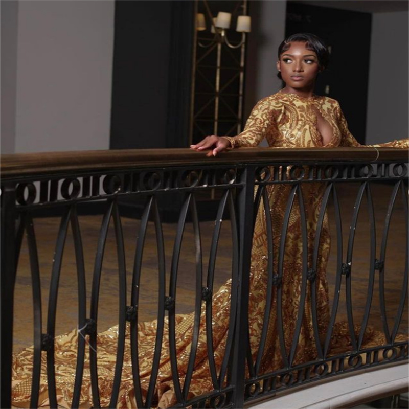 Sparkle Gold Sequin Prom Dress 2023 Long Sleeve Backless Black Girls Formal Party Gowns Mermaid Birthday 15 Years Prom Dress robe de soiree vestido de