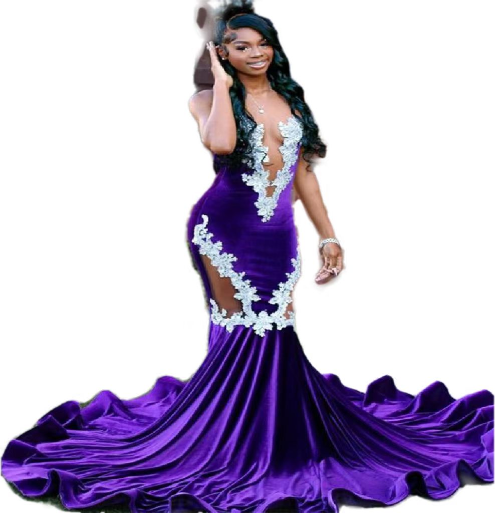 Purple Black Girls Mermaid Prom Dress 2023 Sweetheart Velvet South African Evening Gowns Elegant Women Lace Dance Formal Party robe de soiree vestido 