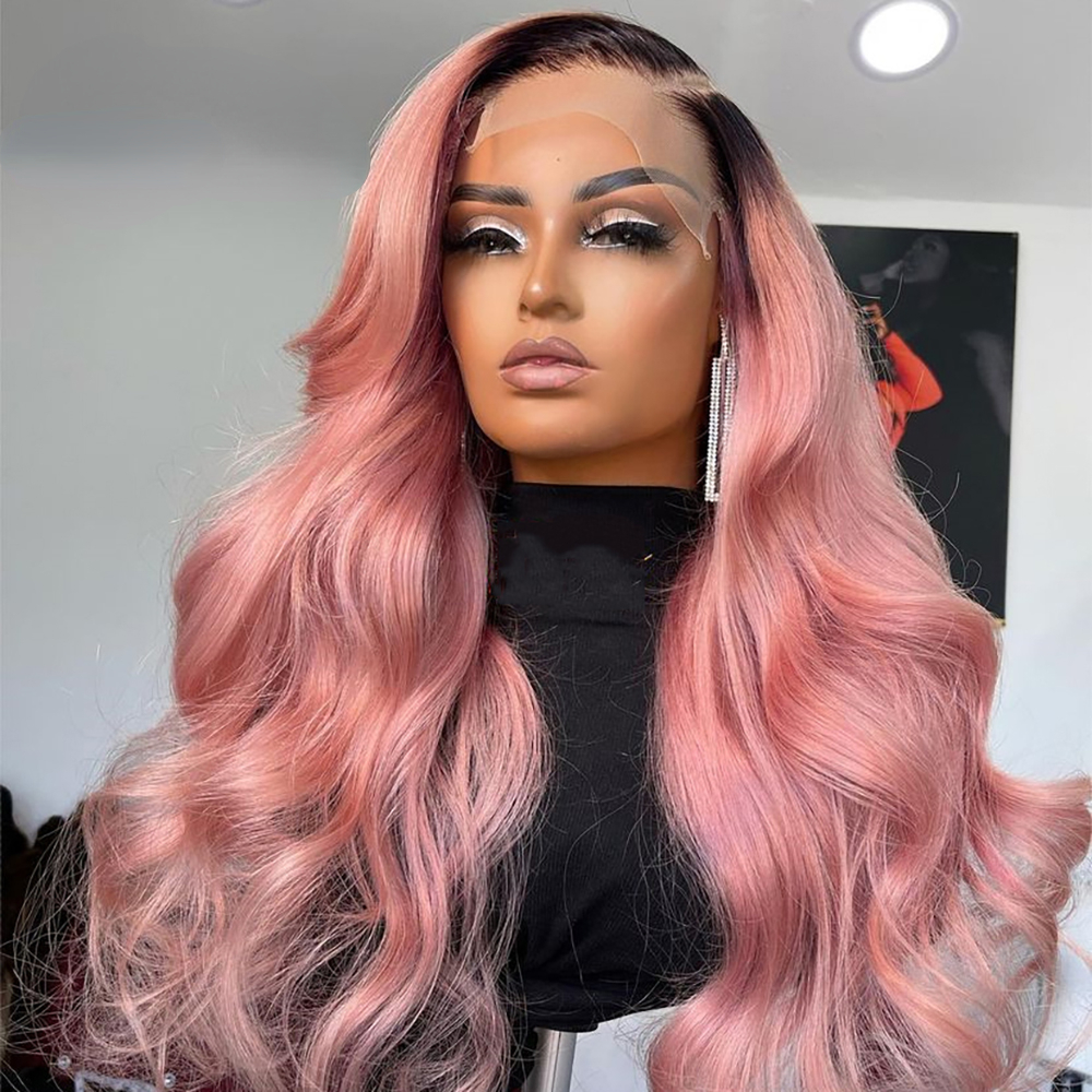 Free shipping Brazilian Hair Pink Front For Women HD Transparent Lace Frontal Wigs Long Wavy Ombre Synthetic Wig Preplucked Hairline