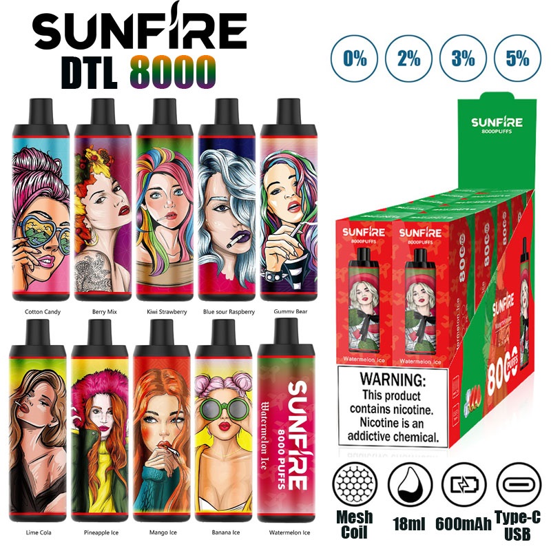 Original Sunfire DTL 8000 Puffs Disposable Vape 18ml Prefilled 600mAh Bottom Adjustable Airflow E Cigarette Device Optional 20mg 30mg 50mg
Original Sunfire DTL 8000 Puffs Disposable Vape 18ml Prefilled 600mAh Bottom Adjustable Airflow E Cigarette Device Optional 20mg 30mg 50mg