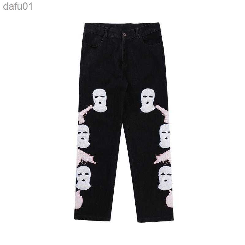 Men's Jeans Men's Jeans Urban Streetwear Baggy Y2k Men Skull Furry Embroidered Denim Pants Straight Leg Loose Trousers Women High Street Hip