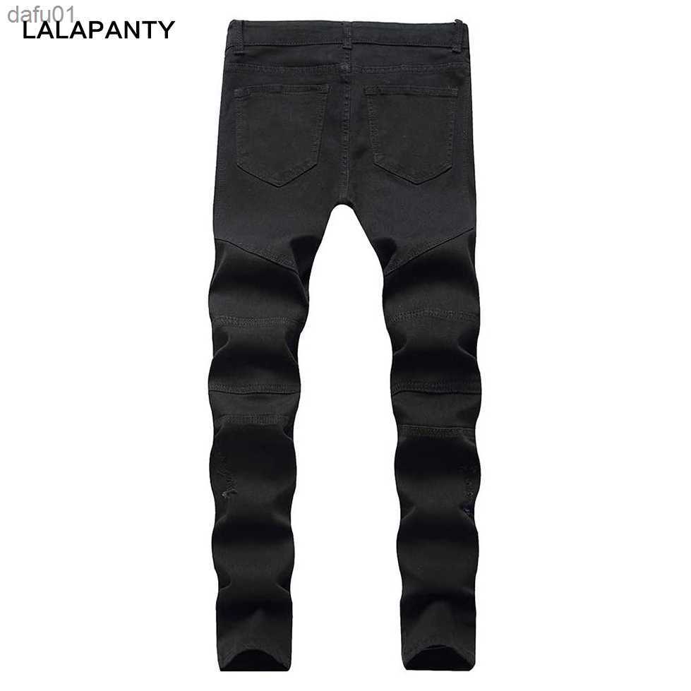 Men's Jeans LALAPANTY representative jeans clothing slp blue/black ripped men's slim fit denim straight biker skinny men ripped pants L23052
