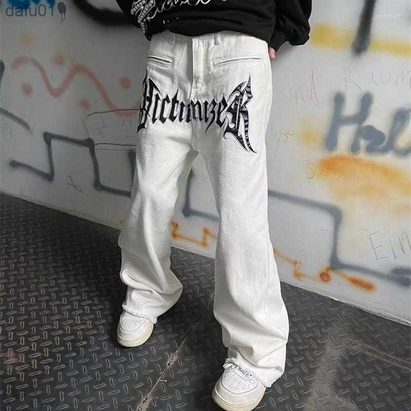 Men's Jeans Men's Jeans 2022 Cool Design Leather Embroidery White Baggy Men Pants Y2K Fashion Streetwear Straight Loose Hip Hop Denim Trouse