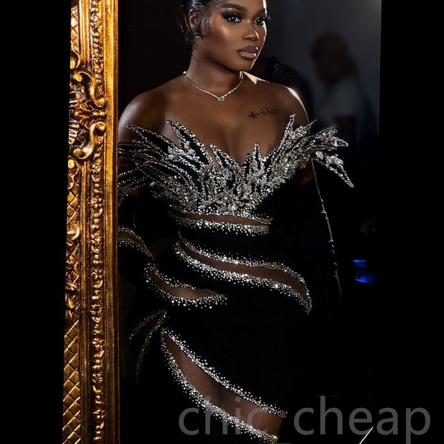 Black Mermaid Aso Ebi May Prom Dress Beaded Crystals Sexy Evening Formal Party Second Reception Birthday Engagement Gowns Dresses Robe De Soiree Zj Es