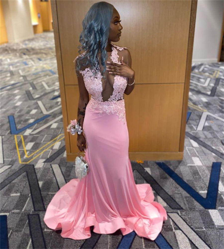 Sexy Pink Black Girls Prom Dress 2023 O Neck Sleeveless Lace Mermaid Evening Gowns Elegant Open Back Formal Appliques Lace Party Robes Soiree Vestido 