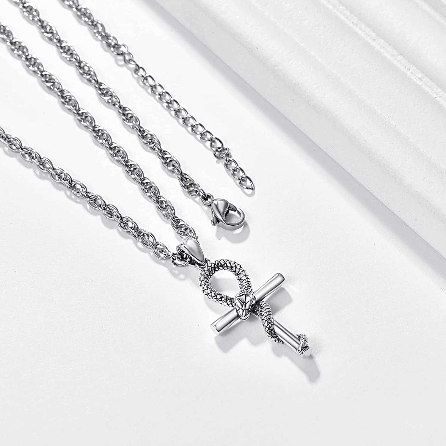 GZW anhk Snake cross Necklace antique Silver Pendant Snake Jewellery for Men Women with link Chain-22+2 "inch(55cm)