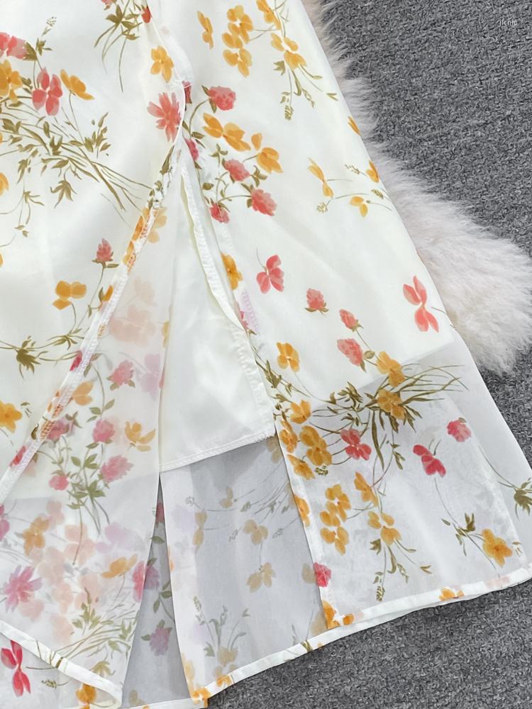 Casual Dresses Summer French Floral Women Sexy High Waist Lace Up Spaghetti Strap Shrinking Slim A-line Split Dress