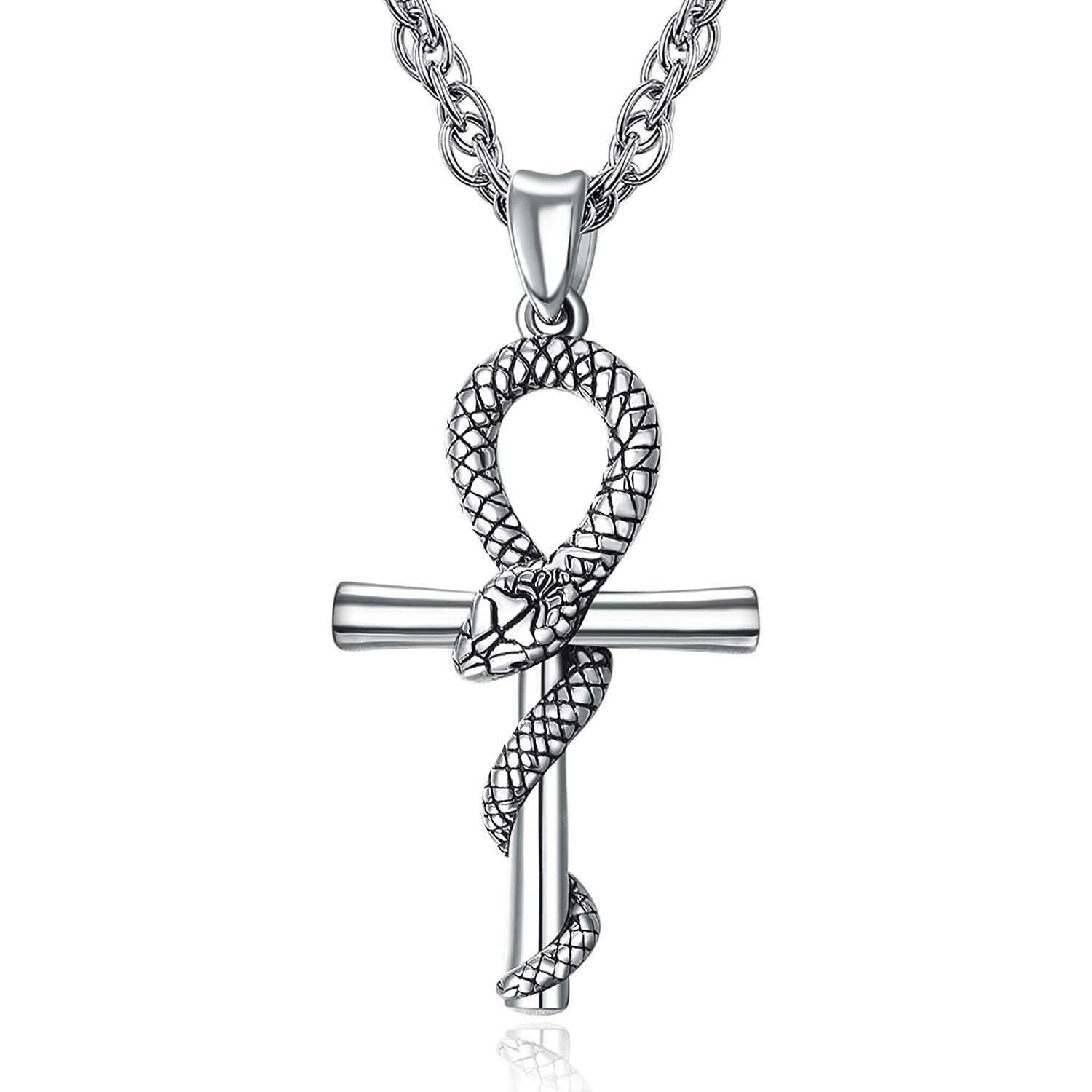GZW anhk Snake cross Necklace antique Silver Pendant Snake Jewellery for Men Women with link Chain-22+2 "inch(55cm)