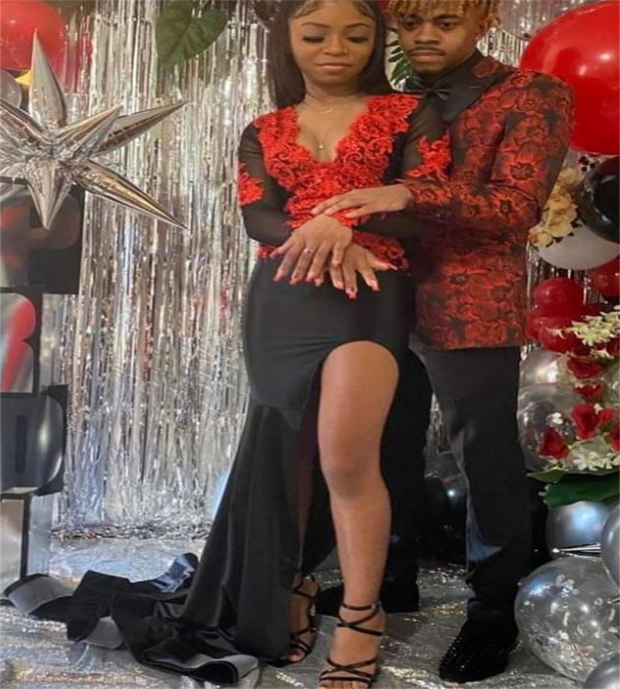 New Gothic Black And Red Prom Dress With High Slit 2023 Elegant Mermaid Lace Black Girls Evening Gowns Long Sleeve Formal Party Birthday Wear Vestido 