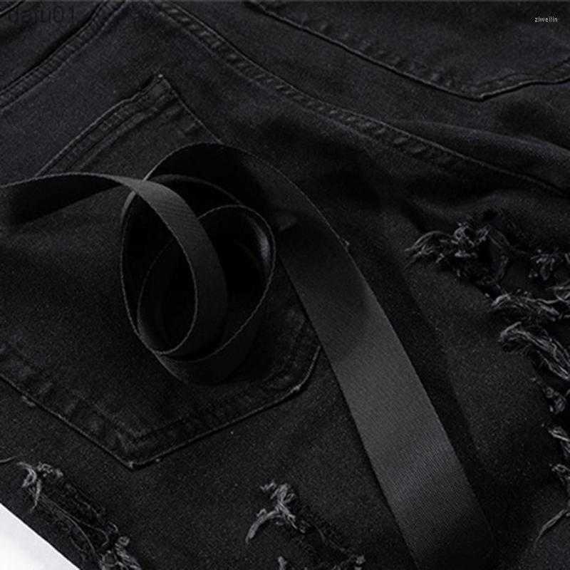 Men's Jeans Men's Jeans Fashion Flared Ripped Distressed Streetwear Black Denim Pants Long Ribbons Trend Man L230520