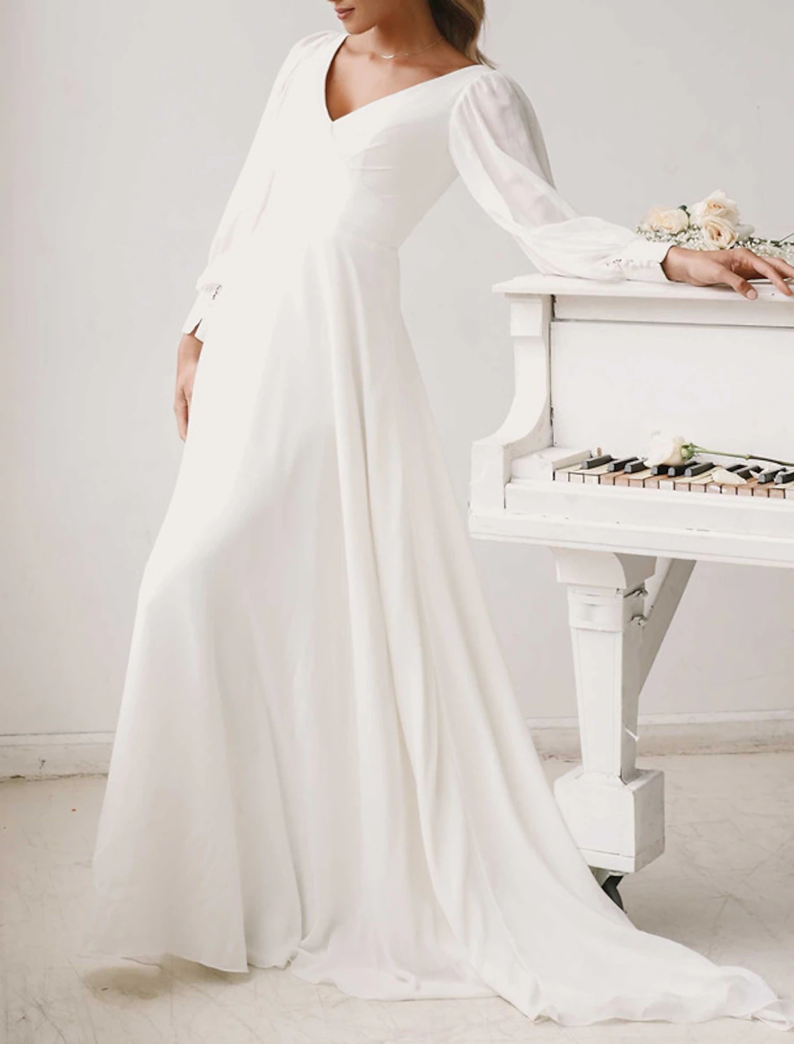 Hall Casual Backless Wedding Dress Court Train A-Line Long Sleeve V Neck Chiffon Bride Party Gowns Vestidos De Novia Customed 2024