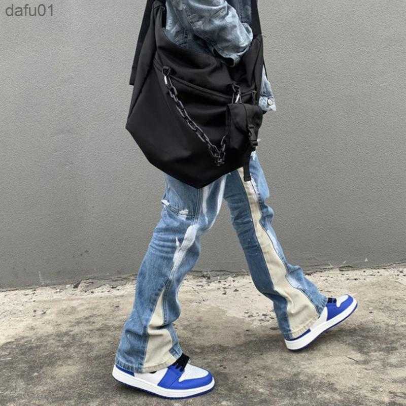 Men's Jeans Men's Jeans Hip Hop Flare Men Harajuku Streetwear Baggy Wide Leg Denim Pants Elastic Waist Fashion Loose Casual Flared Jean Trou