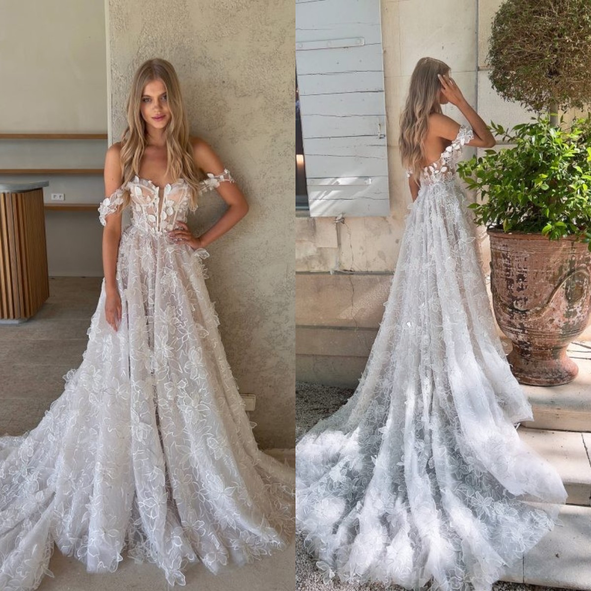 Off Shoulder A Line Wedding Dresses 3D Appliques vestidos de novia Bone Bodice Sweep train designer bridal gowns, Same as image
Off Shoulder A Line Wedding Dresses 3D Appliques vestidos de novia Bone Bodice Sweep train designer bridal gowns, Same as image