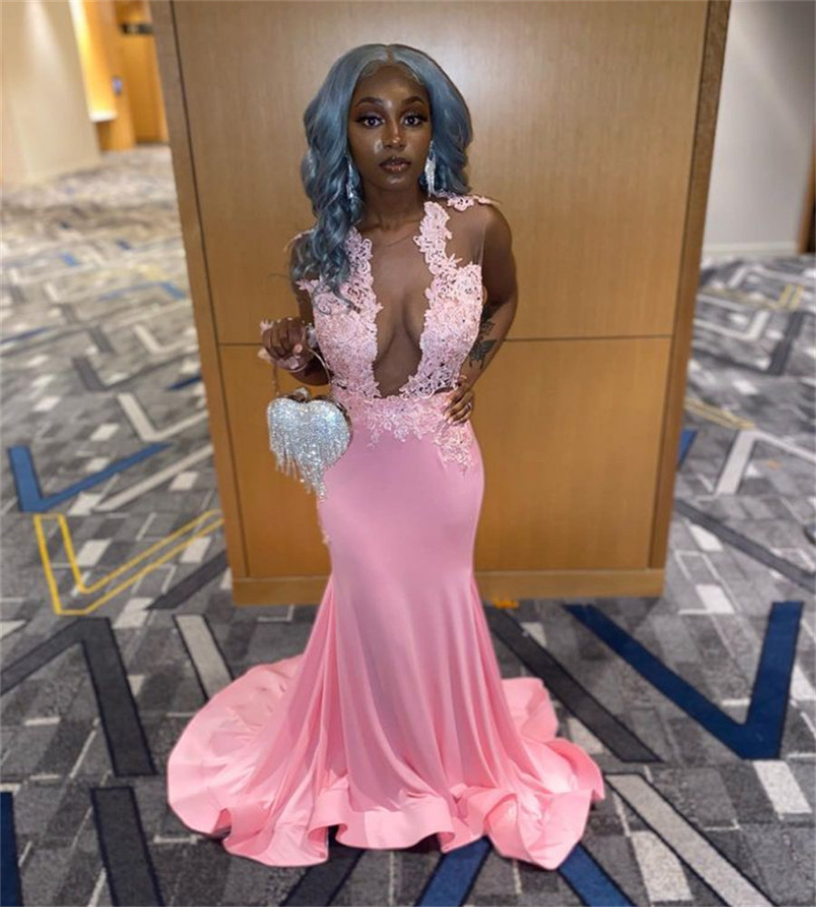 Sexy Pink Black Girls Prom Dress 2023 O Neck Sleeveless Lace Mermaid Evening Gowns Elegant Open Back Formal Appliques Lace Party Robes Soiree Vestido 