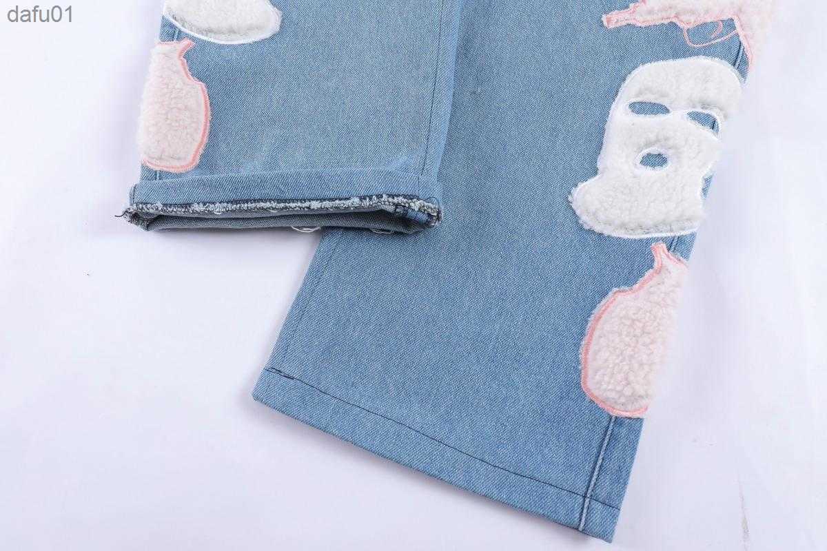 Men's Jeans Men's Jeans Urban Streetwear Baggy Y2k Men Skull Furry Embroidered Denim Pants Straight Leg Loose Trousers Women High Street Hip