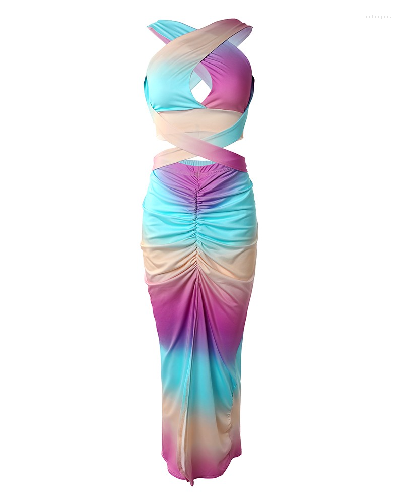 Work Dresses 2023 Summer Woman Halter Cutout Crop Sleeveless Top Ruched Sexy Slit Skinny Vacation Skirt Set