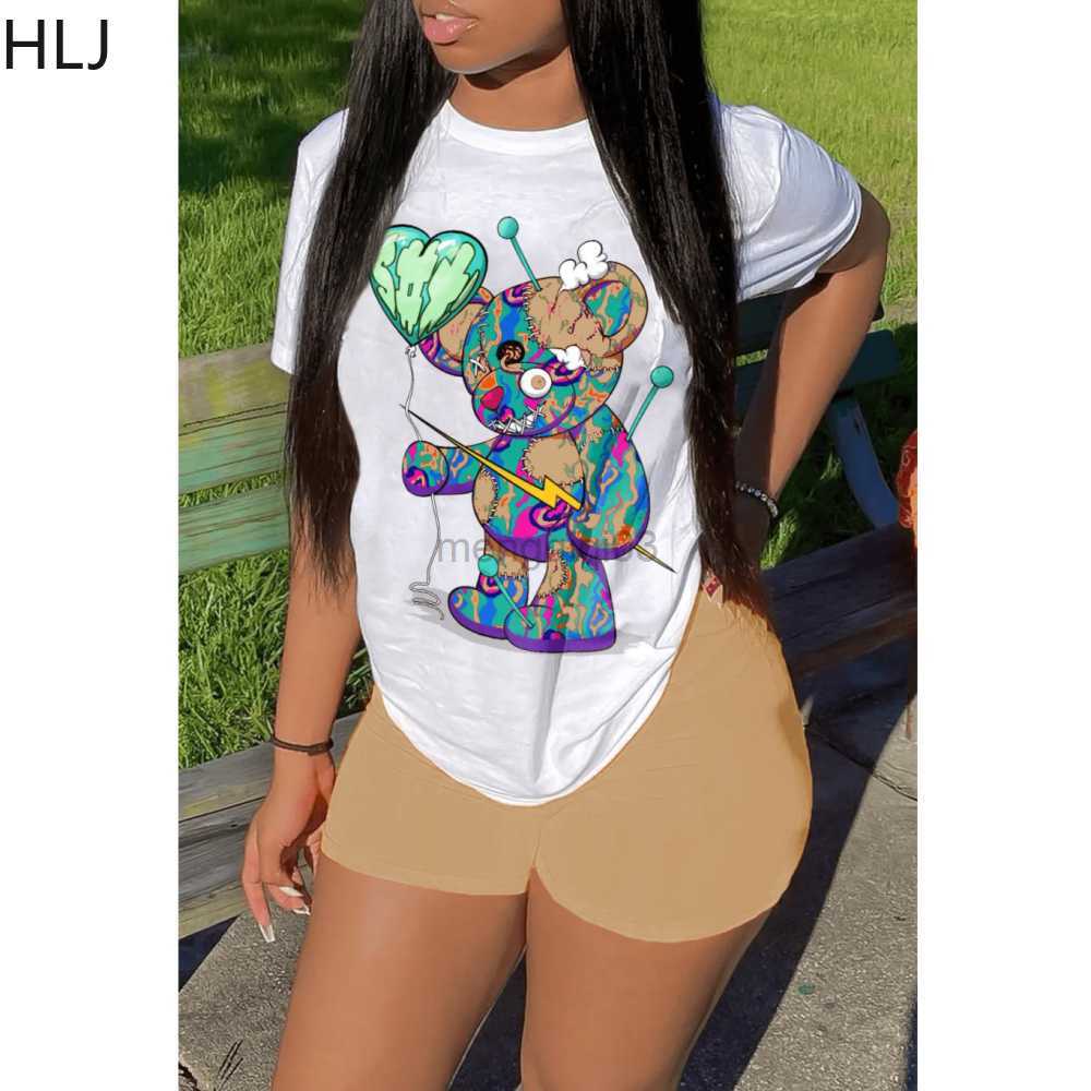 Women's Tracksuits HLJ Summer Pattern Print Two Piece Sets Women Round Neck Loose Tshirt And Biker Shorts Tracksuits Casual Matching 2pcs Outfits