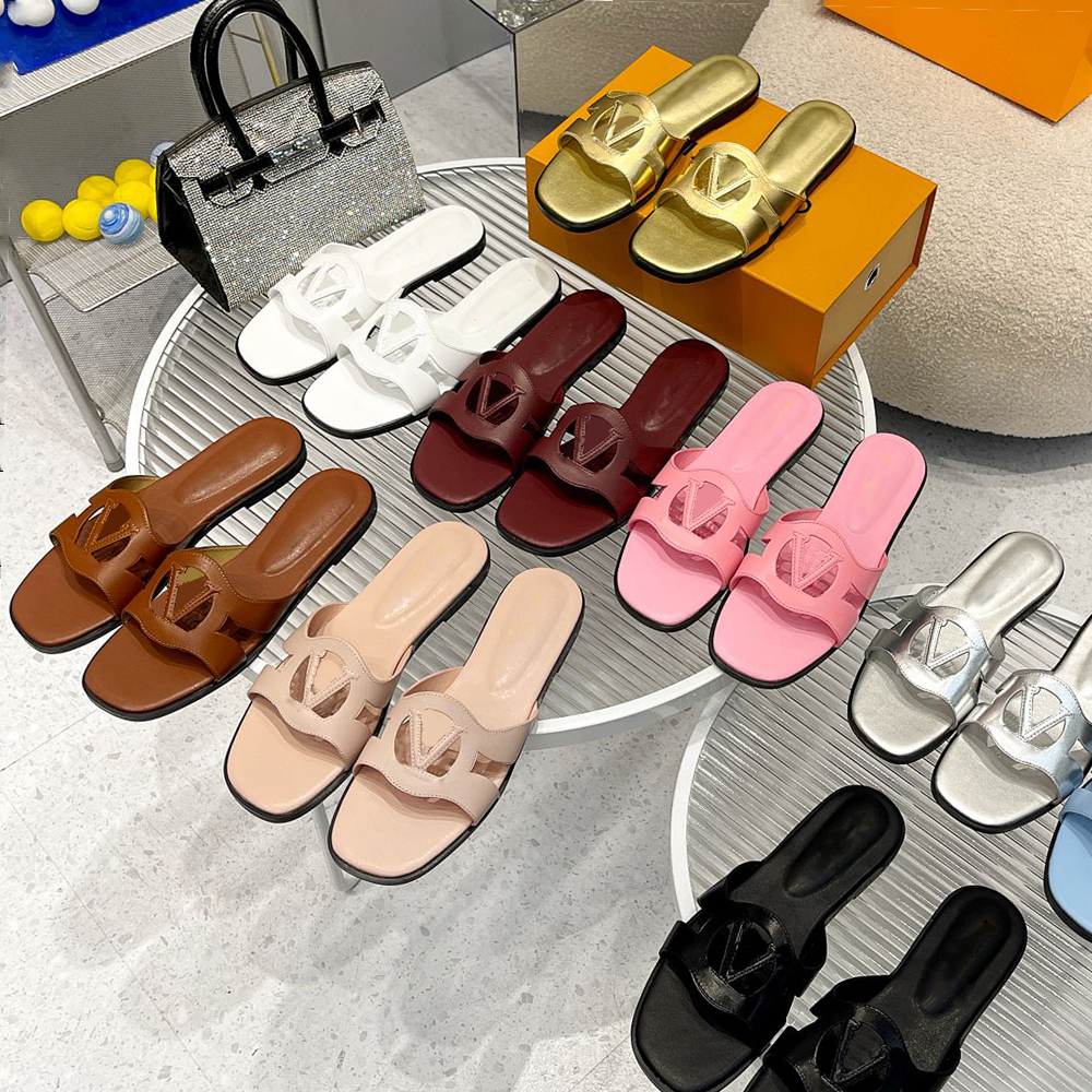 Isola Flat Mule Designer Women Slippers Metallic Lamb Leather Slides Cut-Out Flats Heel Sandals Summer Vacation Slipper
