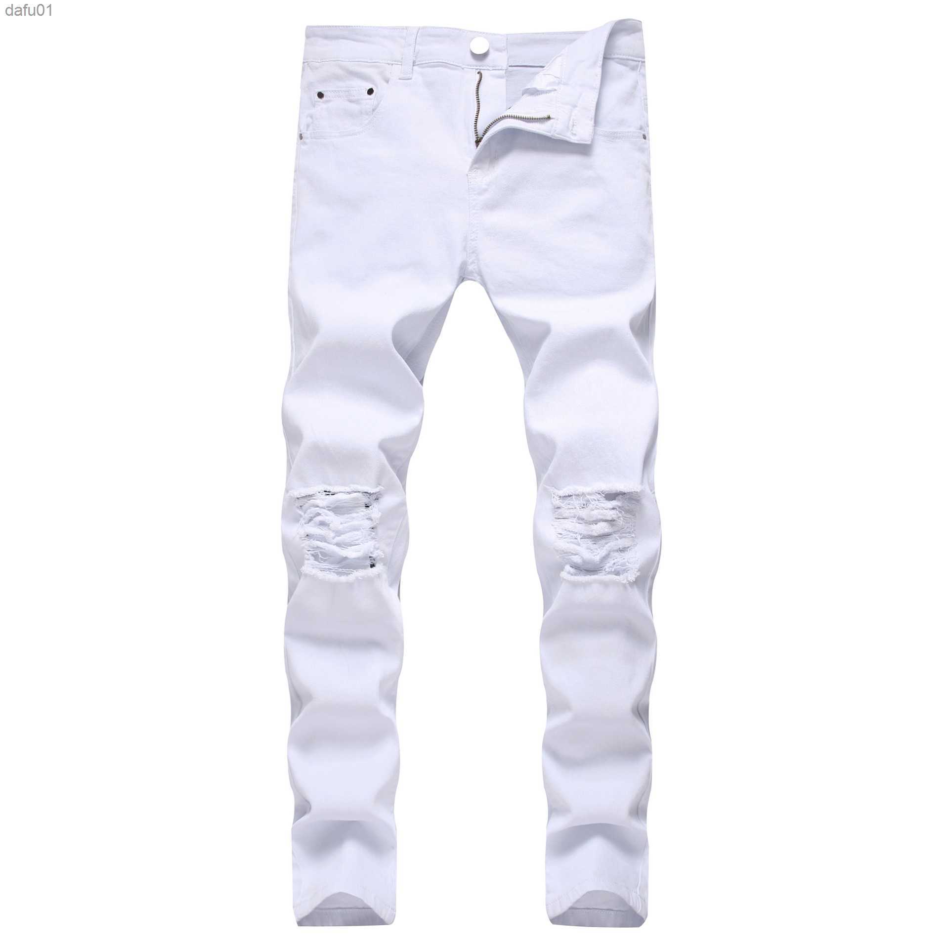 Men's Jeans GODLIKEU White Mens Jeans Ripped Distressed Black Skinny Denim Hip Hop Button Stretch Pants L230520