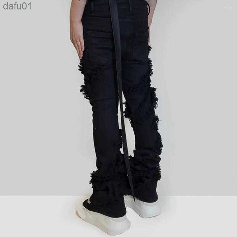 Men's Jeans Men's Jeans Fashion Flared Ripped Distressed Streetwear Black Denim Pants Long Ribbons Trend Man L230520