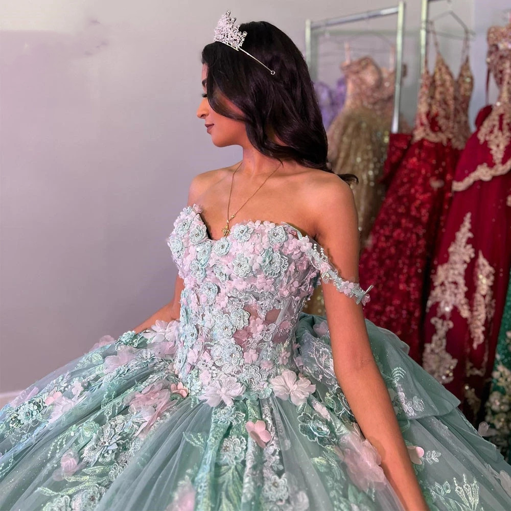 Sage Princess Embroidered Quinceanera Dresses 2023 Off Shoulder Mexican Lace Up Graduation Gowns for Sweet 15 16