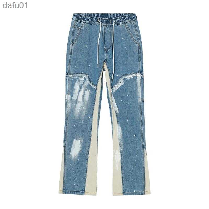Men's Jeans Men's Jeans Hip Hop Flare Men Harajuku Streetwear Baggy Wide Leg Denim Pants Elastic Waist Fashion Loose Casual Flared Jean Trou