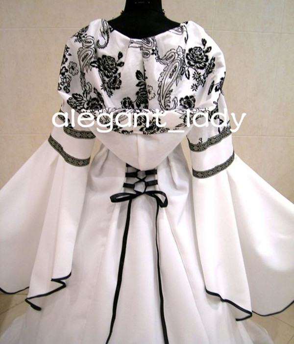 White Black Medieval Wedding Dresses Goth Costume Long Sleeve Lace-up Vampire Wicca Fancy Bridal Gown with hat