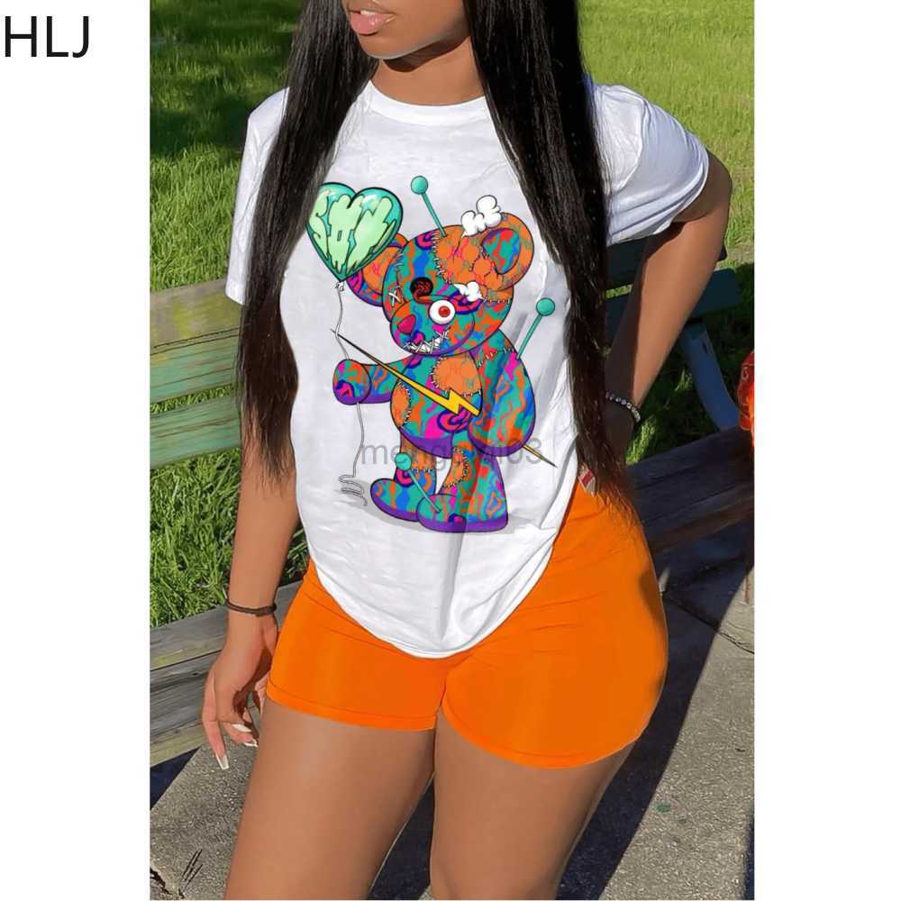 Women's Tracksuits HLJ Summer Pattern Print Two Piece Sets Women Round Neck Loose Tshirt And Biker Shorts Tracksuits Casual Matching 2pcs Outfits