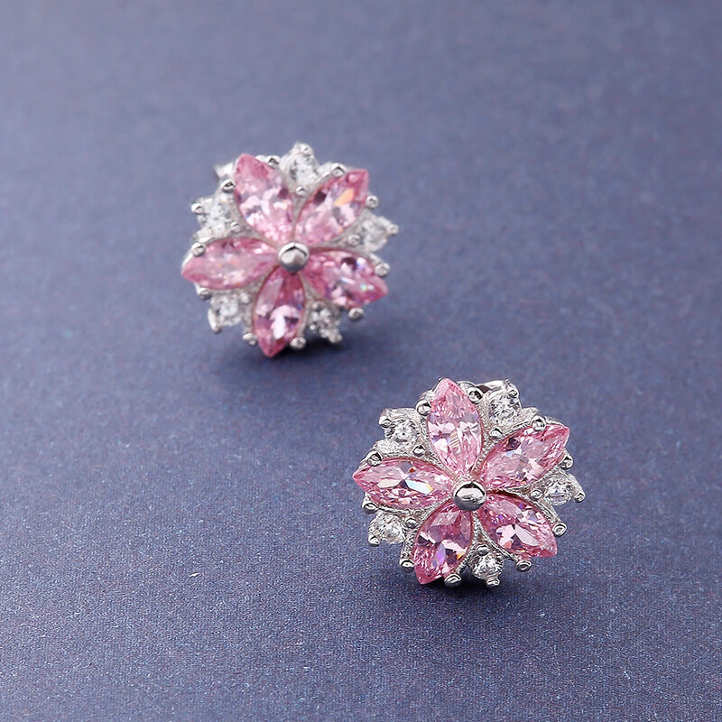 Sweet Statement Pink Cherry Blossom Stud Earrings with Sparkling Zircons - Women's Sterling Silver Jewelry