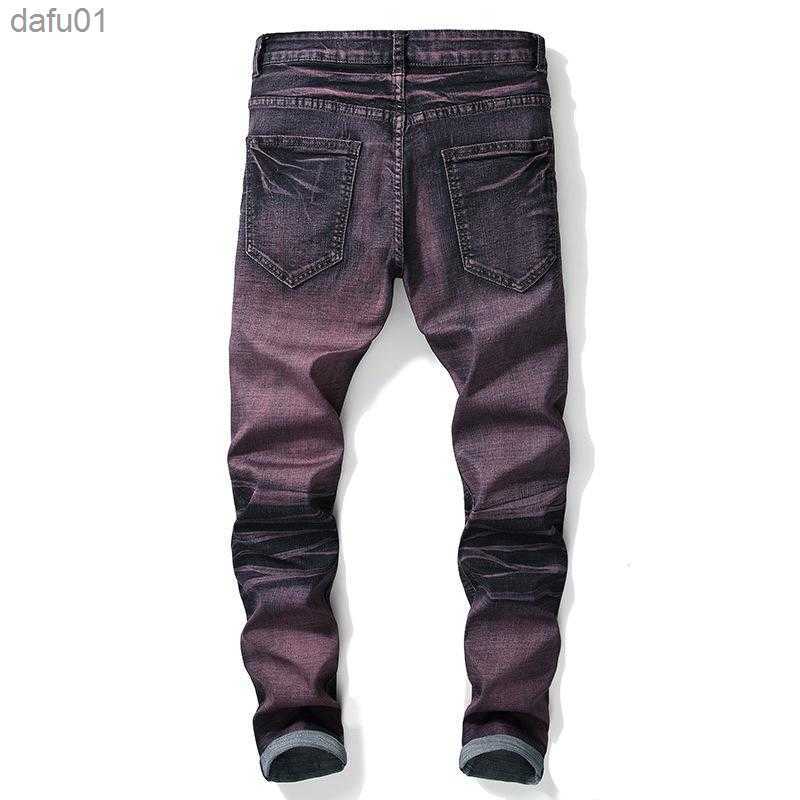 Men's Jeans Men's Jeans Trendy Ripped Purple Men Slim Fit 2021 Tight Ankle Motor Biker Pants Punk Rock Hole Color Contrast L230520