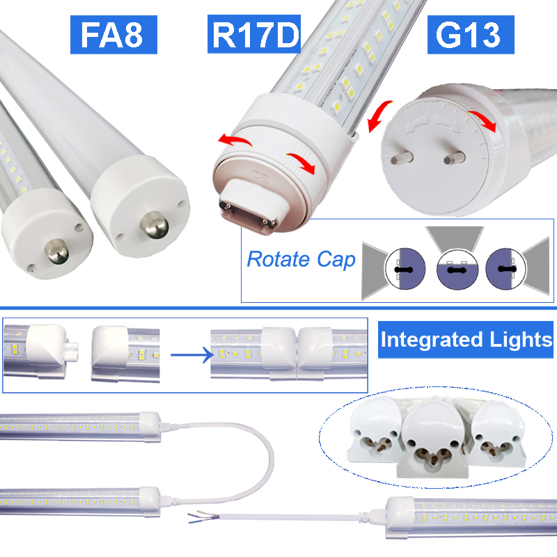 LED Light Bulbs 8 Foot, 2 Pin 144W 6500K, T8 LED Tube Lights, R17D LED 8Foot, HO Rotatable LED Shop Lights, Clear Cover, Dual-Ended Power, Replace Flu