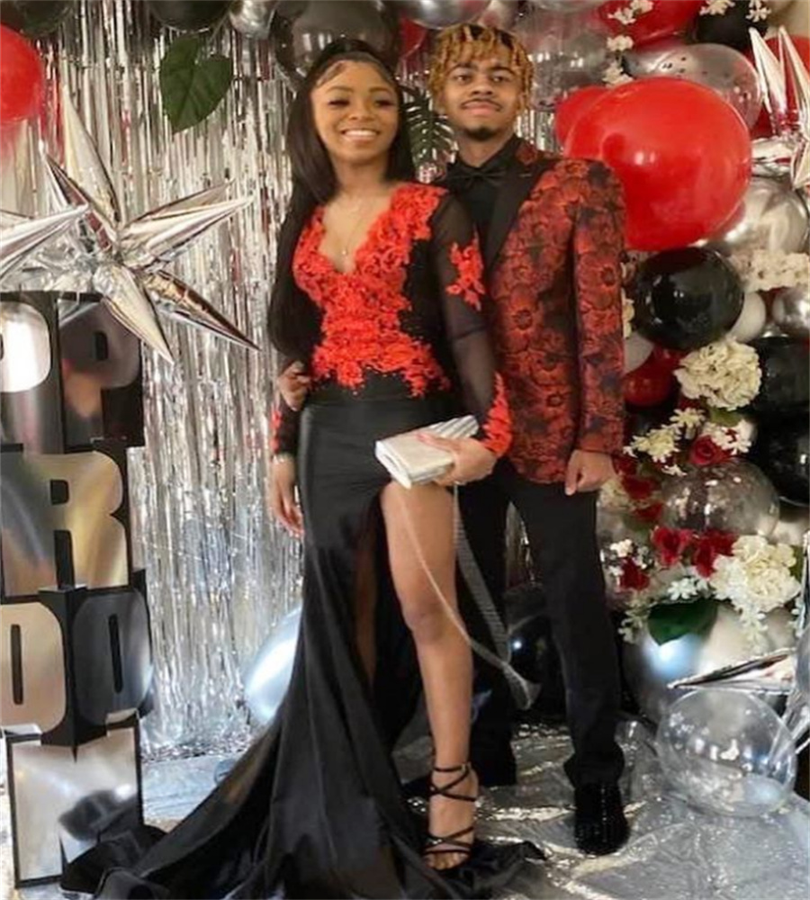 New Gothic Black And Red Prom Dress With High Slit 2023 Elegant Mermaid Lace Black Girls Evening Gowns Long Sleeve Formal Party Birthday Wear Vestido 