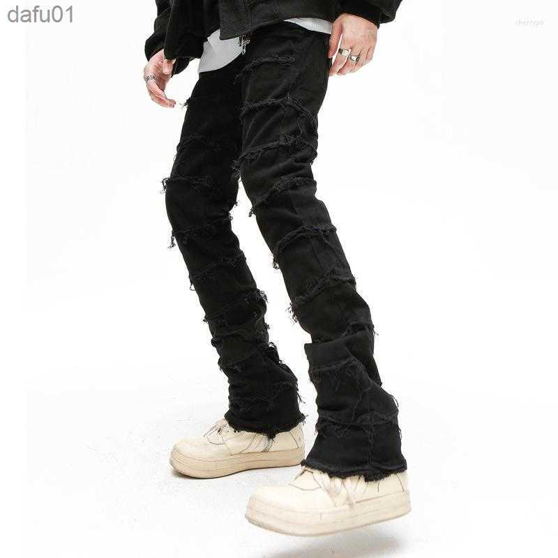 Men's Jeans Men's Jeans Mens Retro Patchwork Flared Pants Grunge Wild Stacked Ripped Long Trousers Straight Y2k Baggy Washed Faded For Men L