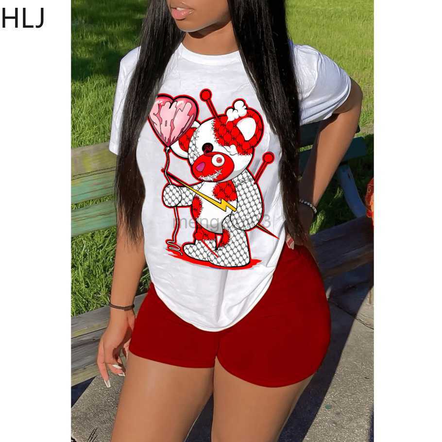 Women's Tracksuits HLJ Summer Pattern Print Two Piece Sets Women Round Neck Loose Tshirt And Biker Shorts Tracksuits Casual Matching 2pcs Outfits