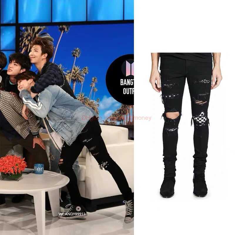 Designer Clothing Amires Jeans Denim Pants Amies High Street Youth Perforated Jeans with Black Patch Hot Diamond Slim Fit Small Feet Trousers Handsome Stylish Male P, Beige