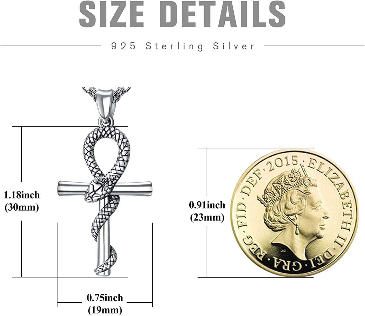 GZW anhk Snake cross Necklace antique Silver Pendant Snake Jewellery for Men Women with link Chain-22+2 "inch(55cm)