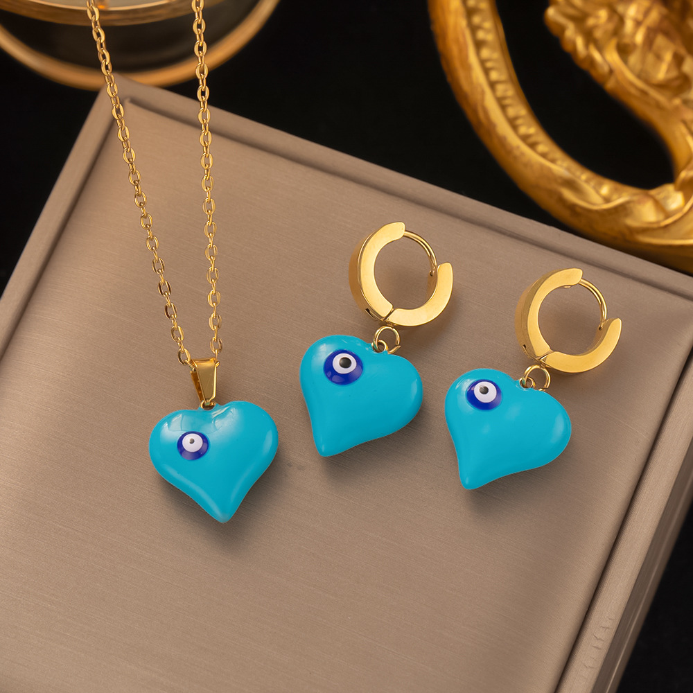 Classic Design Blue Evil Eye Heart Pendant Necklace Earring Women Gift