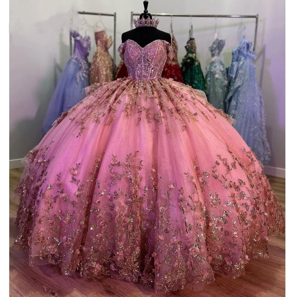 Glitter Shoudler Pink Off Quinceanera Dress Lace Appliques Beads Crystal Birthday Party Vestidos De Anos Corset Prom Gowns