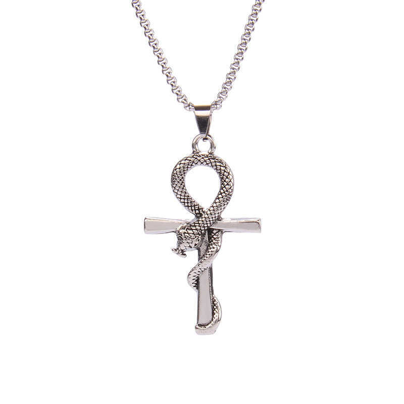 GZW anhk Snake cross Necklace antique Silver Pendant Snake Jewellery for Men Women with link Chain-22+2 "inch(55cm)