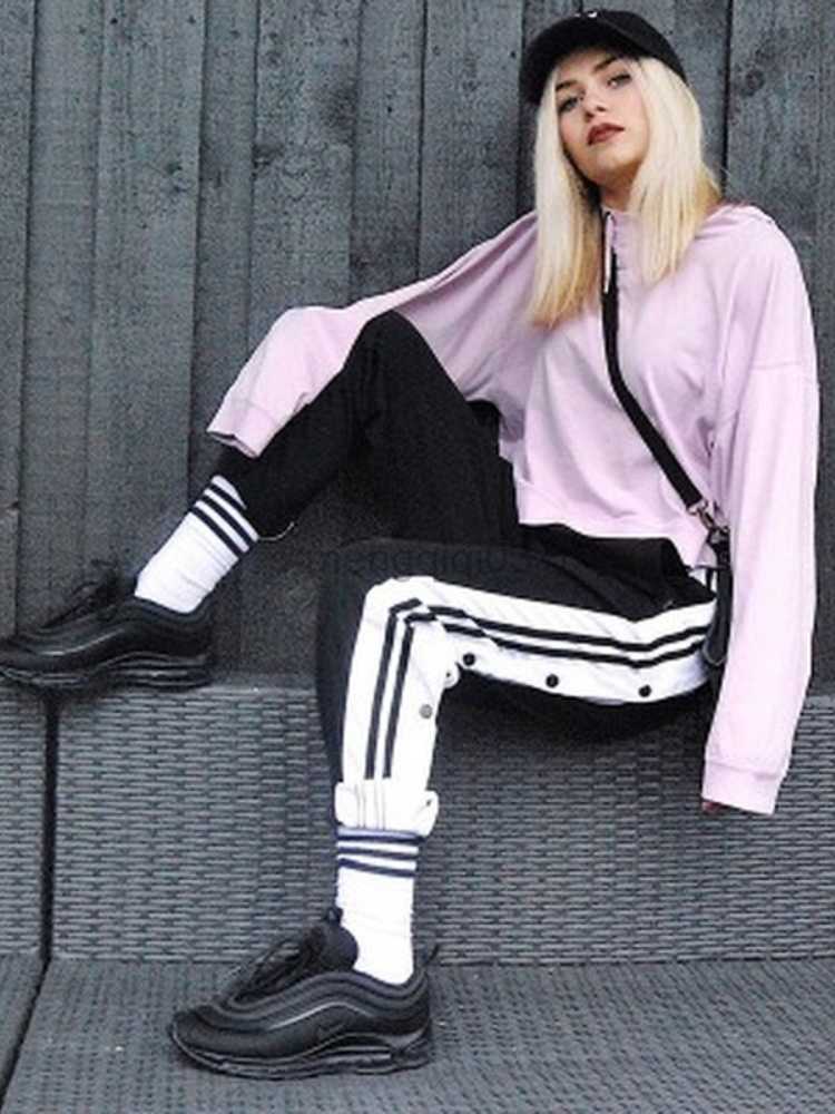 Women's Jeans HOUZHOU Women Joggers Sweatpants Casual Wide Leg Pants Female Stripe Hip Hop Sports Streetwear Women Button Trousers Vintage Y23