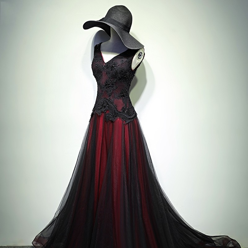 Long Prom Dresses Black And Red Deep V-Neck Appliques Beading Tulle A-Line Lace-up Plus Size Graduation Cocktail Homecoming Formal Evening Party Gown 