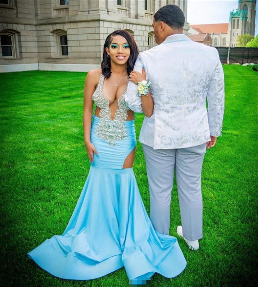 Stunning Blue Mermaid Prom Dress Plus Size Deep V Neck Beaded Crystal Evening Gowns Backless Formal Birthday Party Occasion Wear Robes Soiree Vestido 