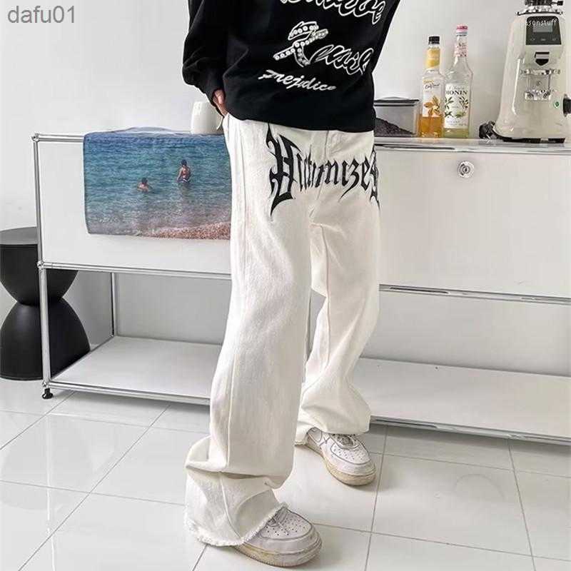 Men's Jeans Men's Jeans 2022 Cool Design Leather Embroidery White Baggy Men Pants Y2K Fashion Streetwear Straight Loose Hip Hop Denim Trouse