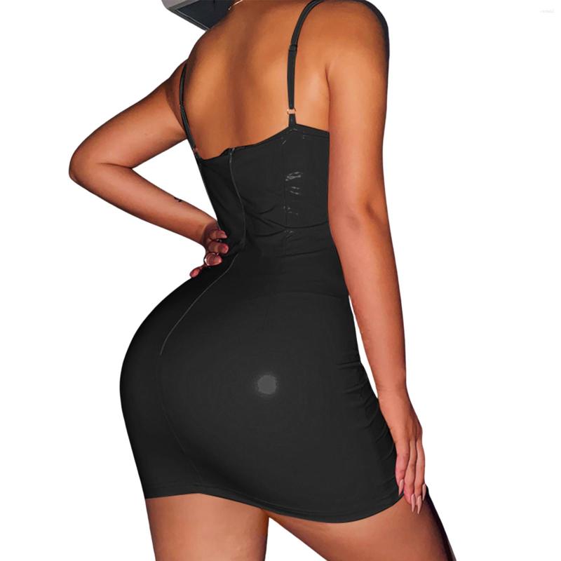 Casual Dresses Women Summer Skinny Dress Girls Solid Color Sleeveless Square Neck Zipper Leather Fashion For Party