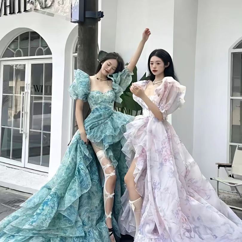 2023 Summer New French Advanced Colorful Flower Print Bubble Sleeve Dress Women's Long High Waist Fragmented Flowers, Purple 
2023 Summer New French Advanced Colorful Flower Print Bubble Sleeve Dress Women's Long High Waist Fragmented Flowers, Purple