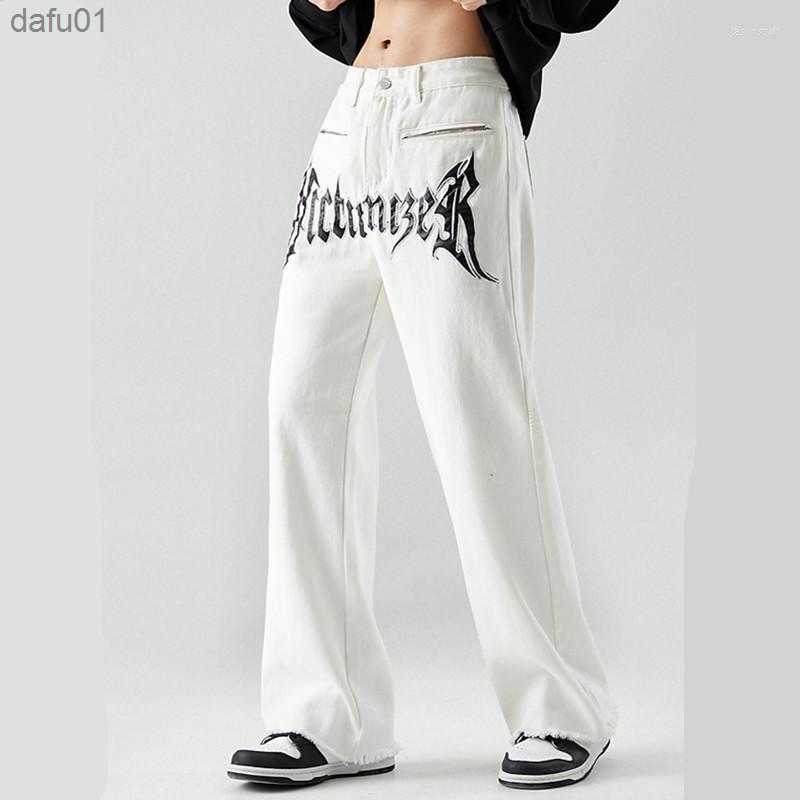 Men's Jeans Men's Jeans 2022 Cool Design Leather Embroidery White Baggy Men Pants Y2K Fashion Streetwear Straight Loose Hip Hop Denim Trouse