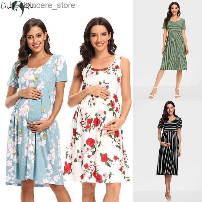 Maternity Dresses Women's Floral Short Sleeve Loose Maternity Dresses Pregnancy Clothes Summer Casual Soft Waist Pleated Print Knee Length Dress 